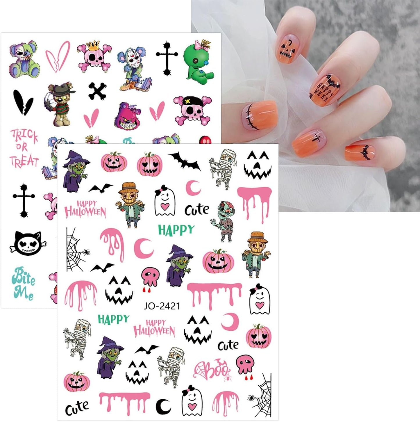 Pink Halloween Valentine'S Day Nail Stickers, 10 Sheets Self-Adhesive Nail Decal Pumpkin Ghosts Pink Nail Art Decoration Design Supplies