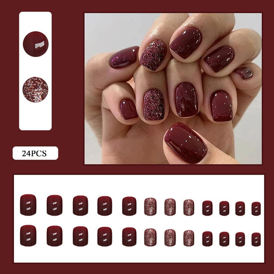 Wine Red False Nails - 24Pcs Red Glitter Square Press on Nails - Short Red False Nails with Glue - 12 Sizes Glossy Cherry Stick on Nails - French Tip for Women and Girls Nail Art