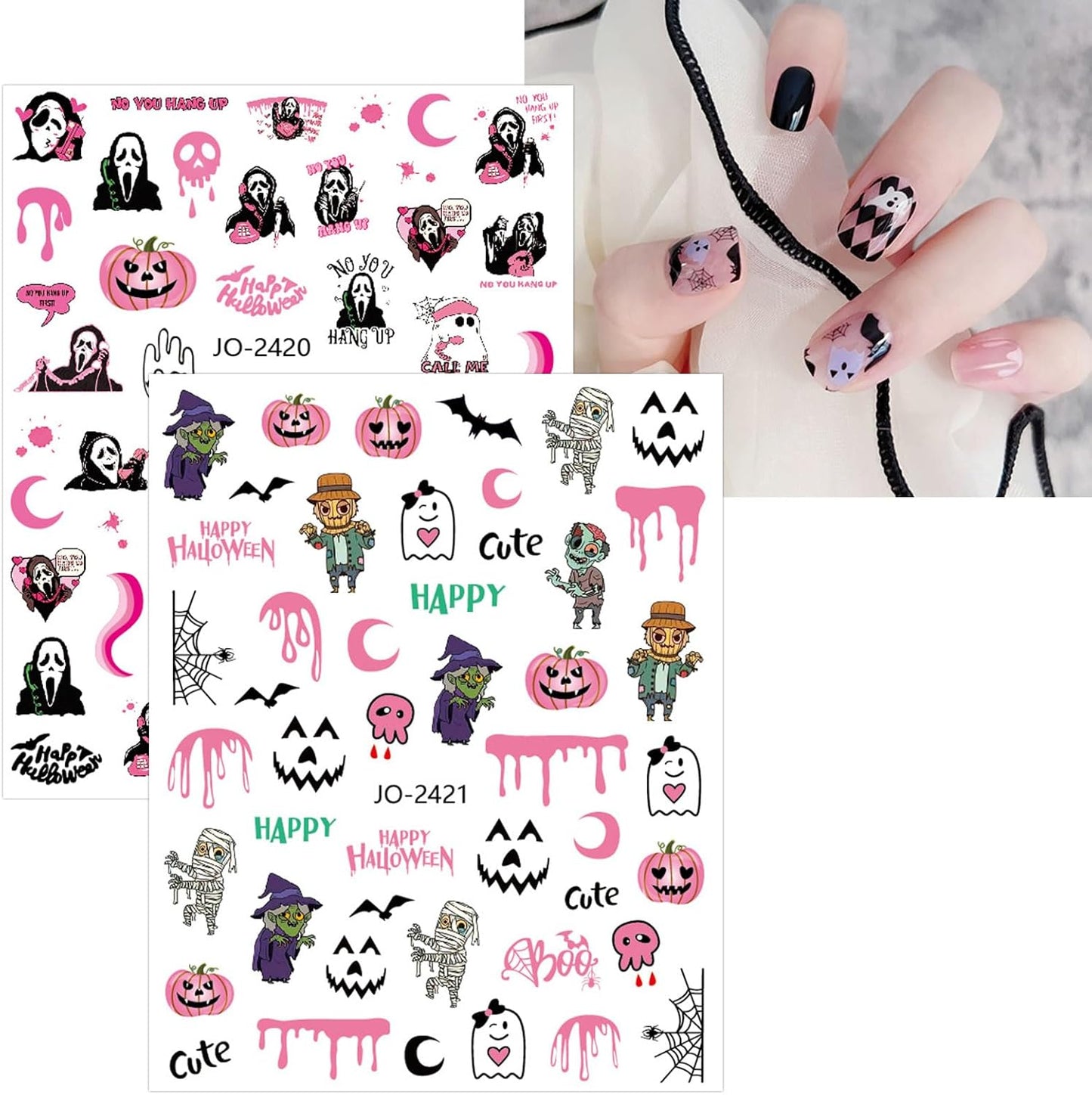 Pink Halloween Valentine'S Day Nail Stickers, 10 Sheets Self-Adhesive Nail Decal Pumpkin Ghosts Pink Nail Art Decoration Design Supplies