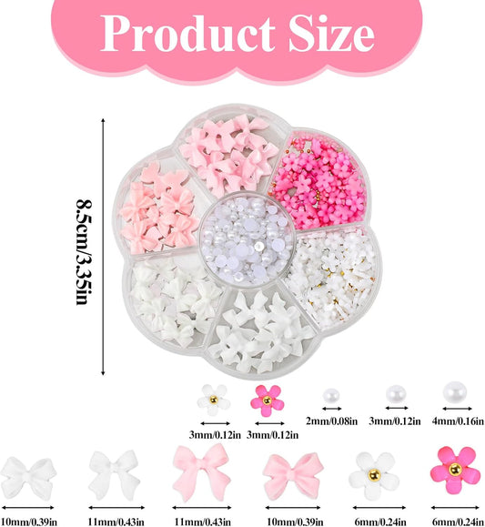 Flower Bow Manicure Kit Pink White 3D Flower Bow Half Pearls Nail Gems 3D Acrylic Flowers Bows Nail Charms for Women Girls