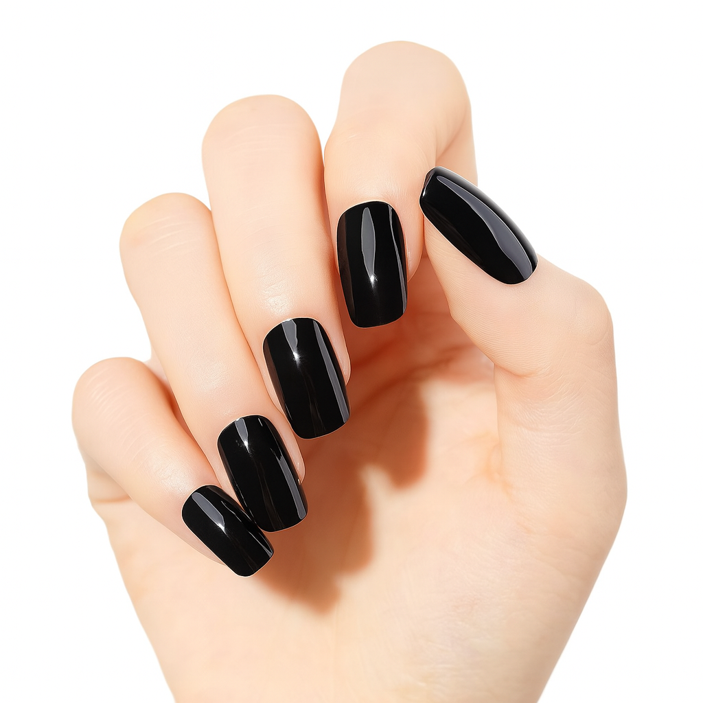 Hand with black gloss gel nail wraps on a white background