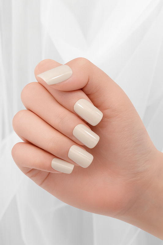 Hand with ivory beige nail wraps on a white background by Stellia Beauty