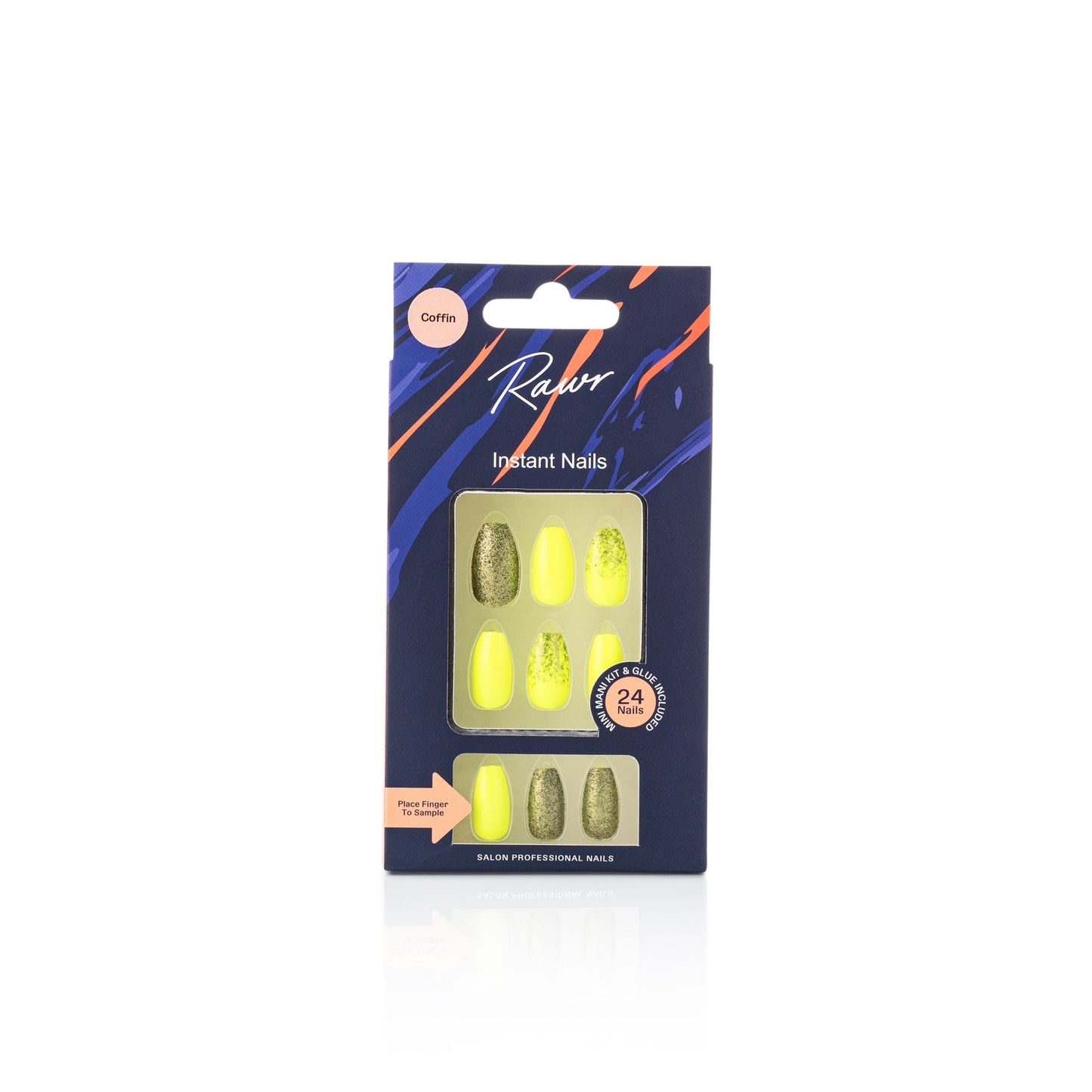 Pack of Rawr nails with neon yellow and gold design on a white background by Stellia Beauty