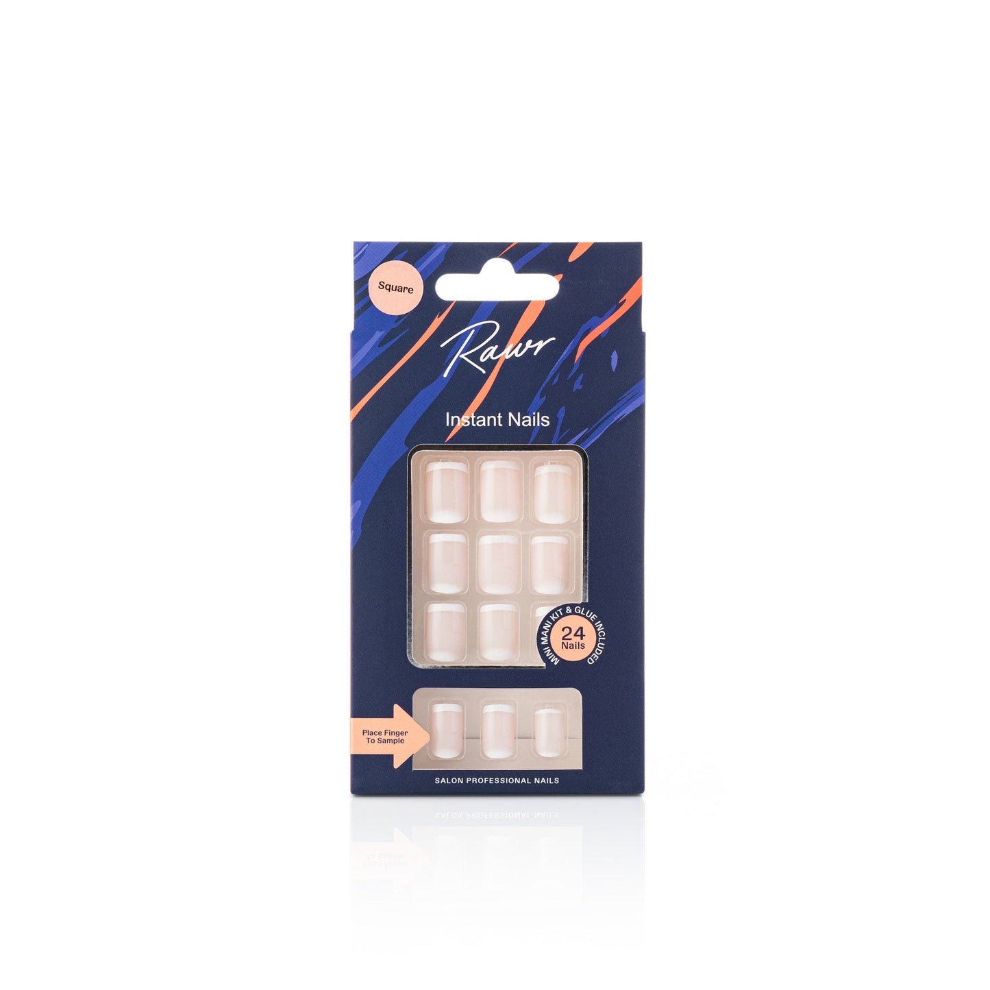 Packaging of Rawr instant nails with a blue and orange design on a white background by Stellia Beauty