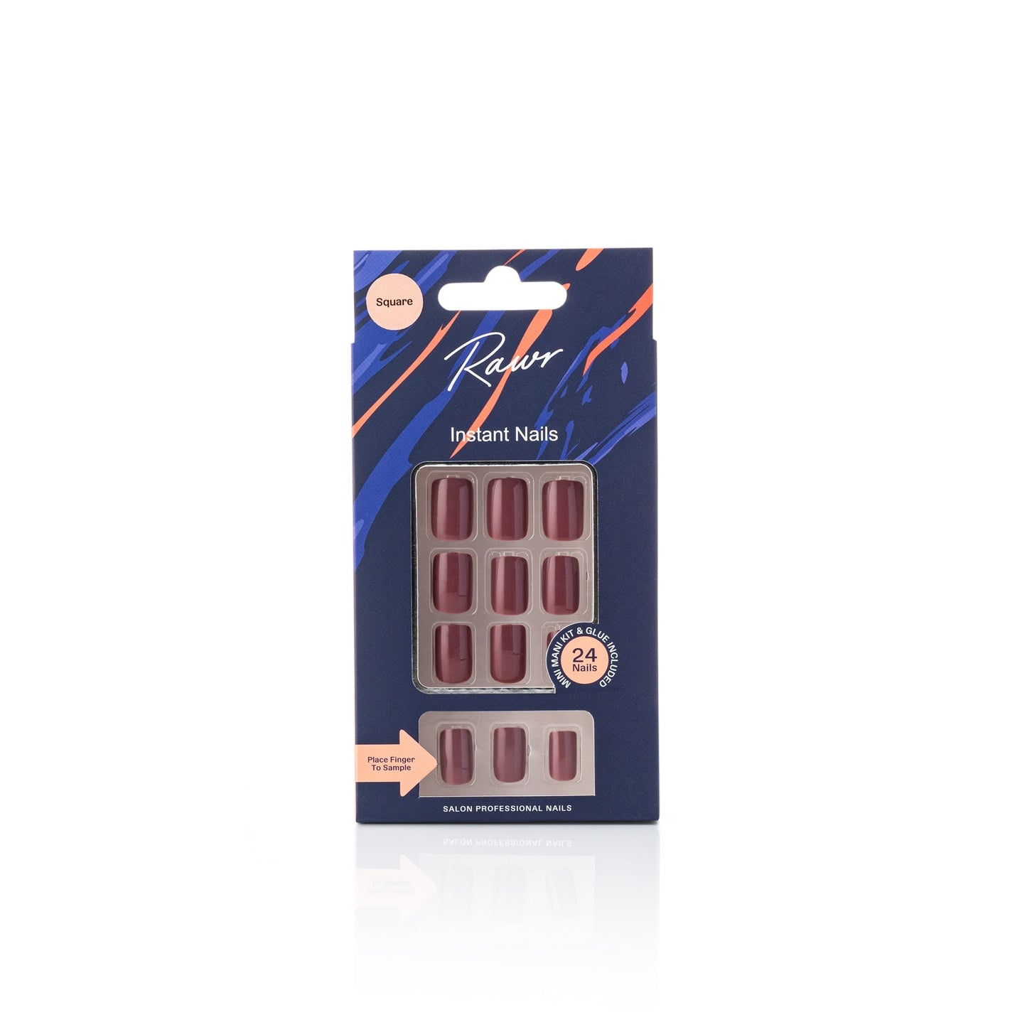 Pack of Rawr Stick On Nails Glossy Brown Square with a blue and orange design on a white background by Stellia Beauty