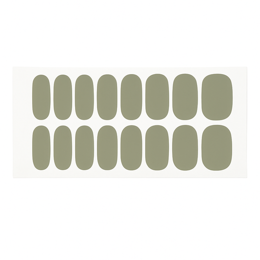 Sheet of sage green gel nail wraps on a white background by Stellia Beauty