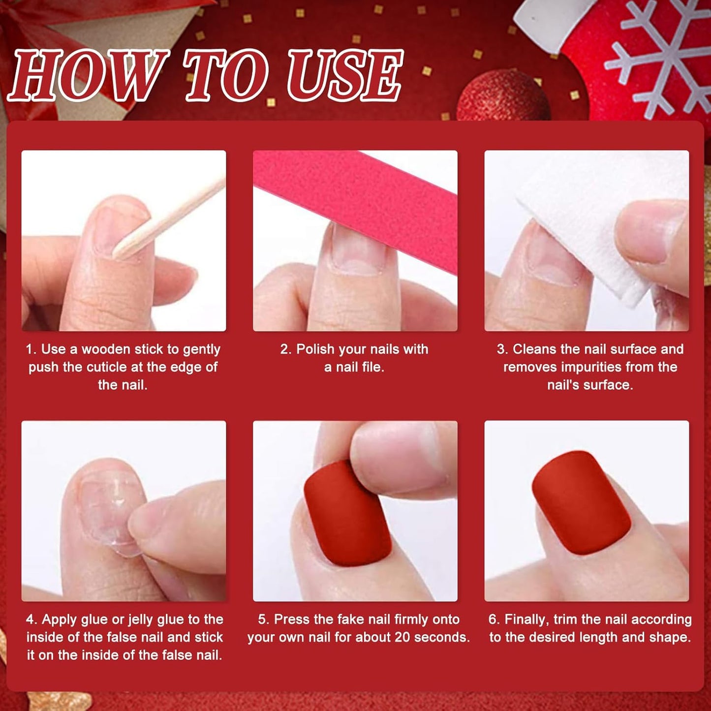 24Pcs Christmas Red False Nails Short Square French Press on Nails Christmas Eve Apple Glue on Nails Glossy Ballerina Fake Nail Acrylic Full Cover Removable Stick on Nail for Women Girls