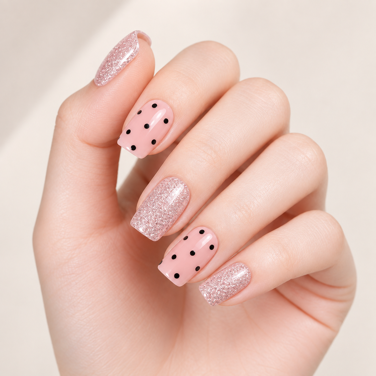 Stellia Beauty Blush Polka Sparkle fully cured gel nail wraps, featuring blush pink nails with black polka dots and silver glitter accents.