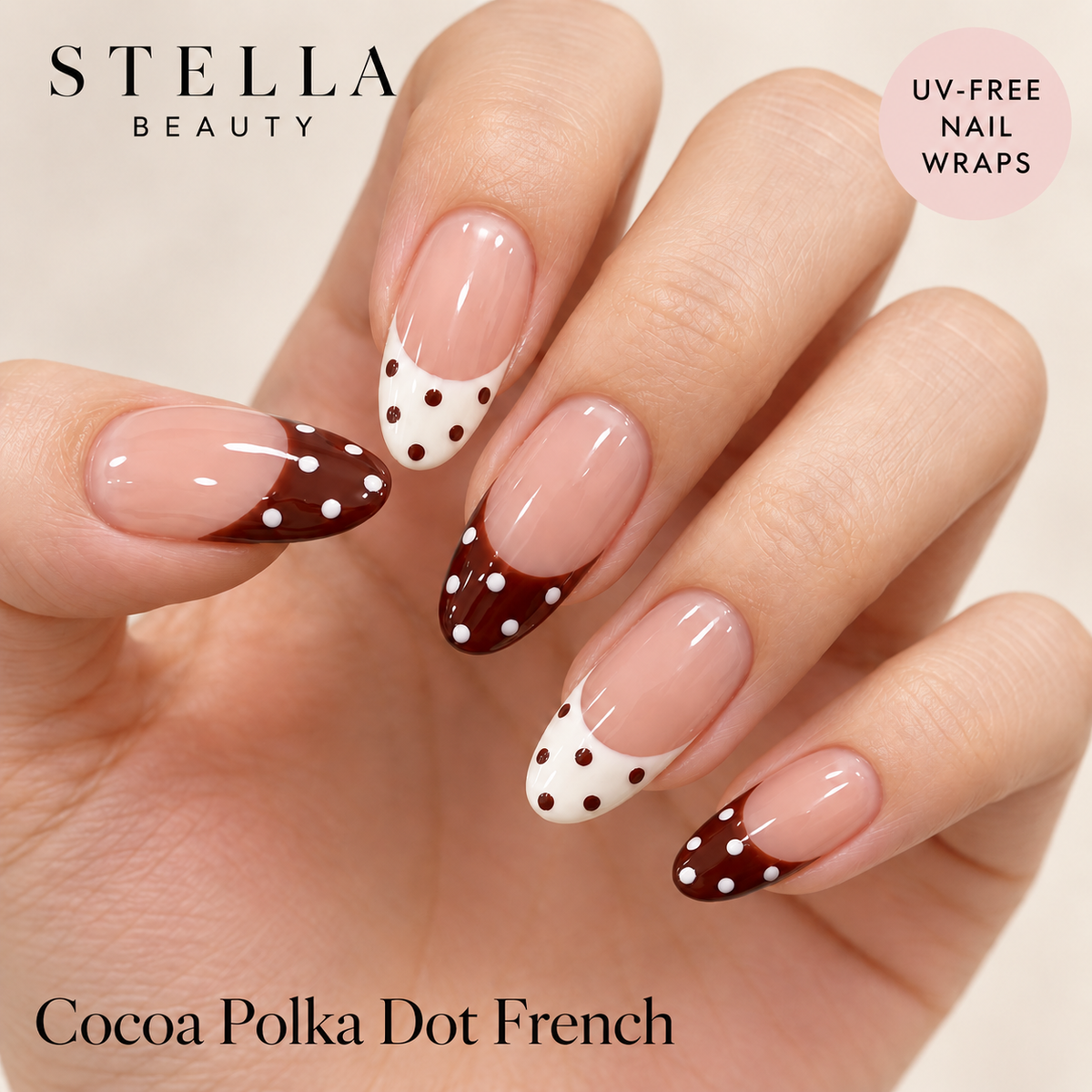 Stellia Beauty Cocoa Polka Dot French nail wraps on manicured hands with brown and cream dotted French tips.