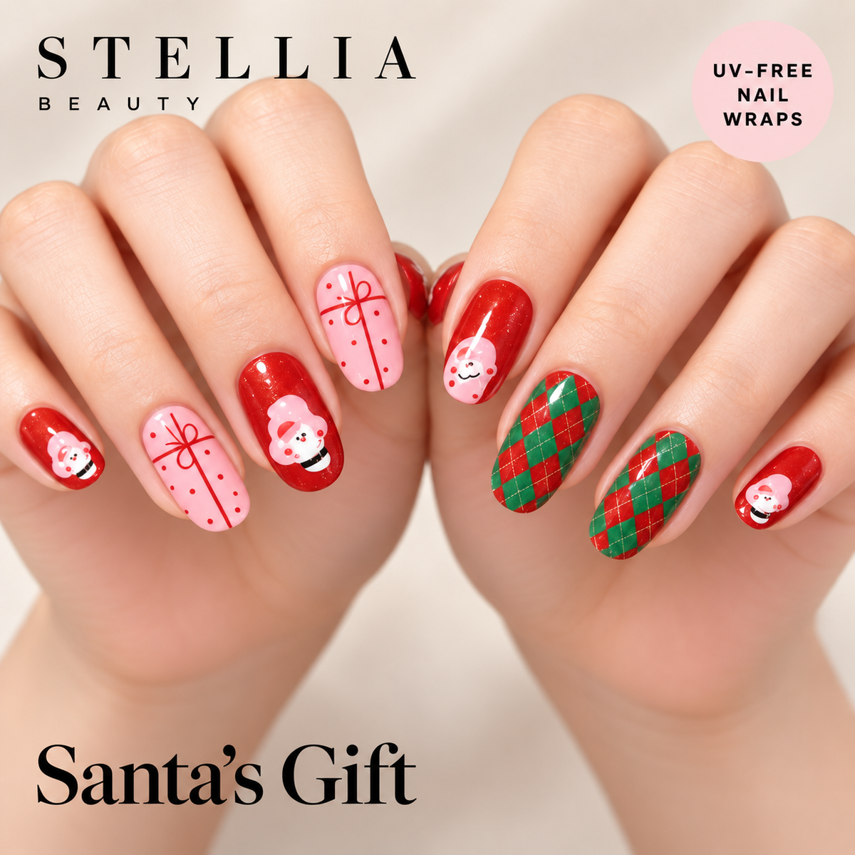 Stellia Beauty Santa's Gift nail wraps on manicured hands with red, pink and green Christmas designs.