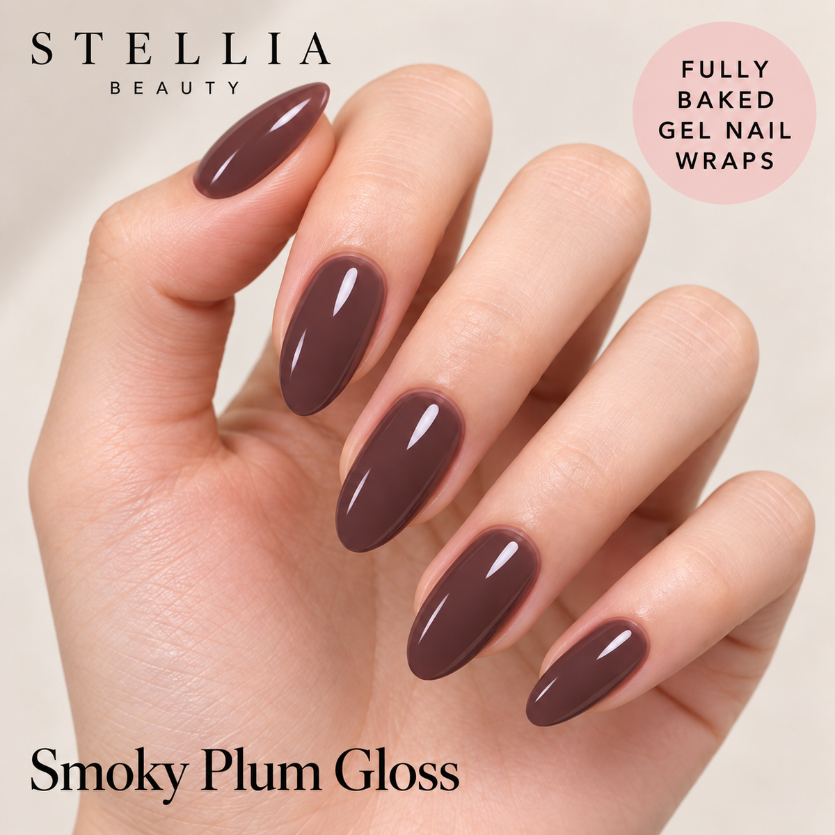 Stellia Beauty Smoky Plum Gloss fully cured gel nail wraps on manicured hands.