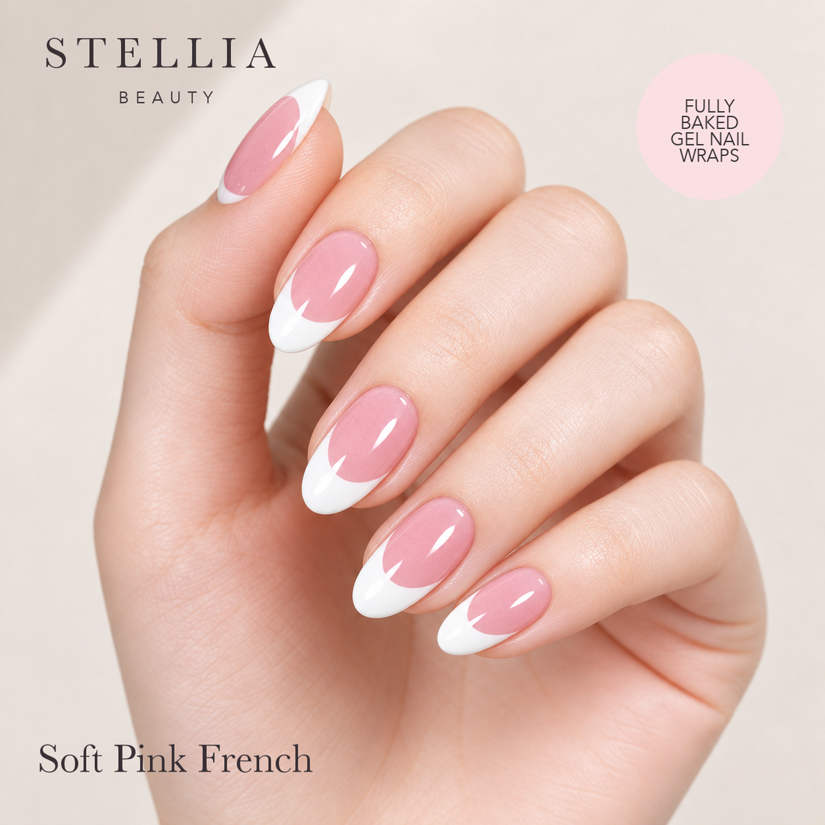 Soft Pink French fully cured gel nail wraps manicure by Stellia Beauty