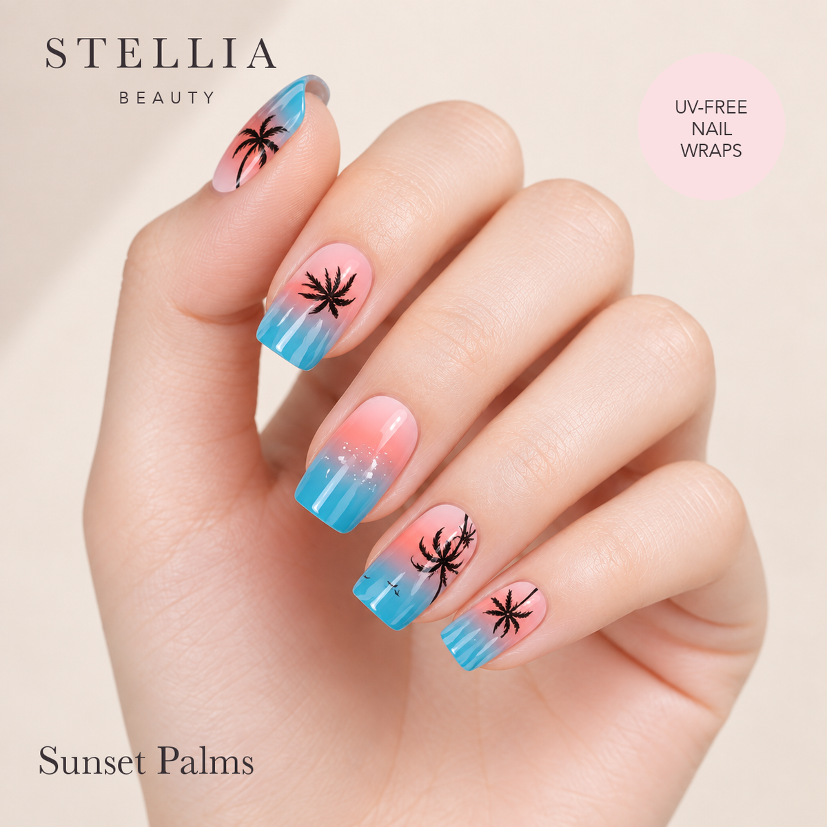 Sunset Palms nail wraps manicure by Stellia Beauty