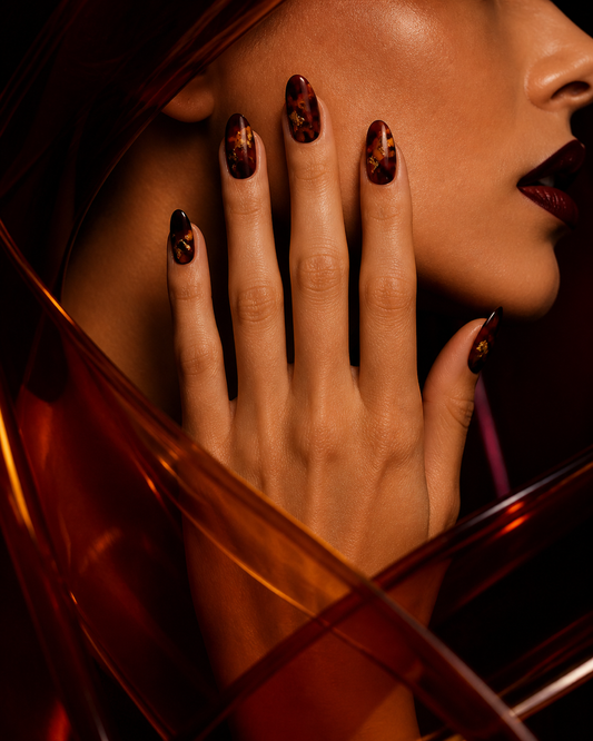 Tortoiseshell nail wraps manicure for autumn by Stellia Beauty