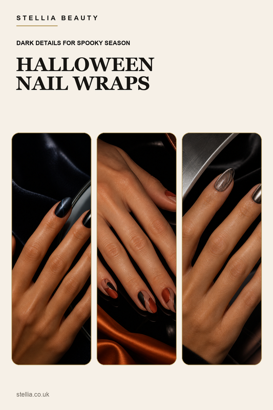 Halloween nail wrap ideas in black, burgundy and metallic finishes by Stellia Beauty