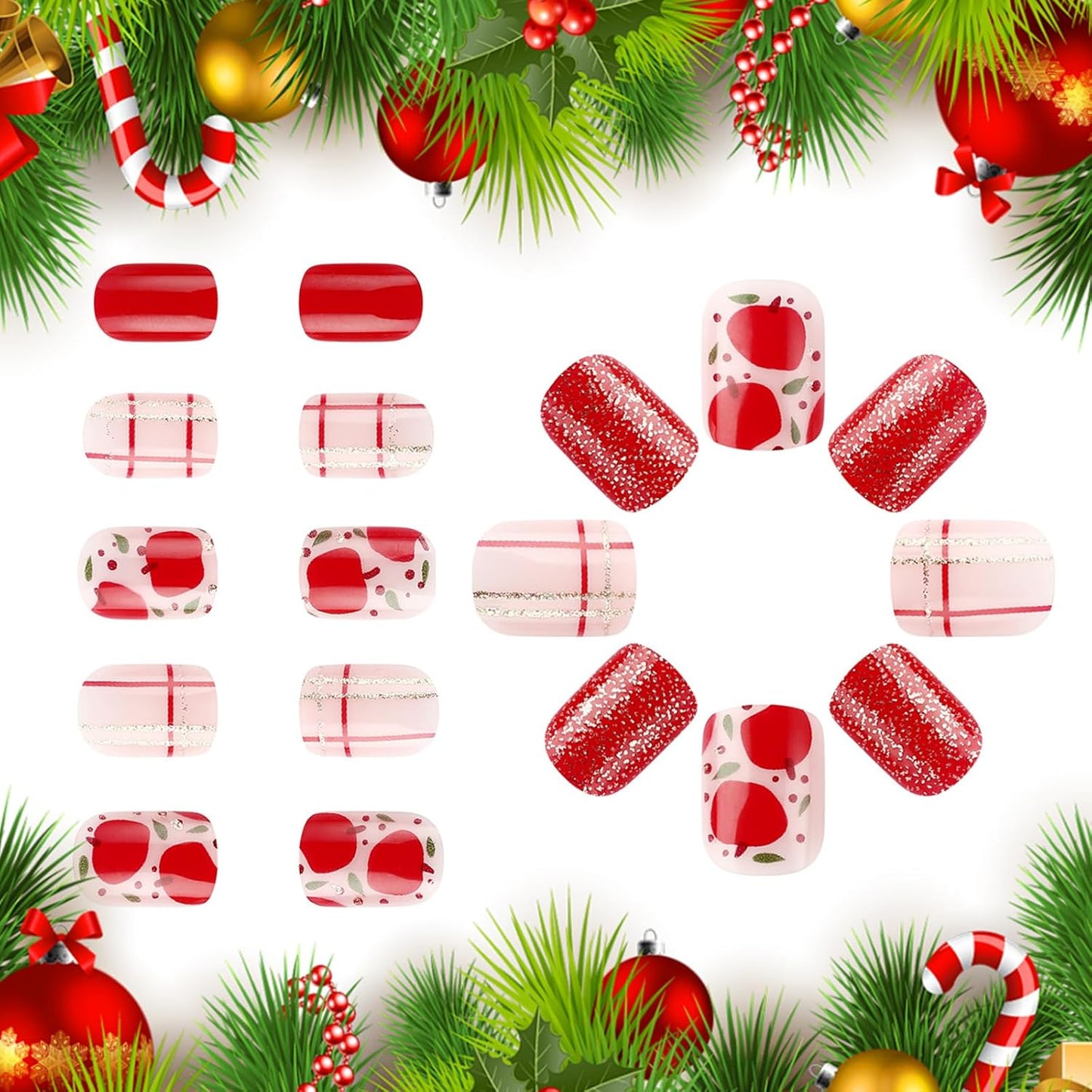 24Pcs Christmas Red False Nails Short Square French Press on Nails Christmas Eve Apple Glue on Nails Glossy Ballerina Fake Nail Acrylic Full Cover Removable Stick on Nail for Women Girls