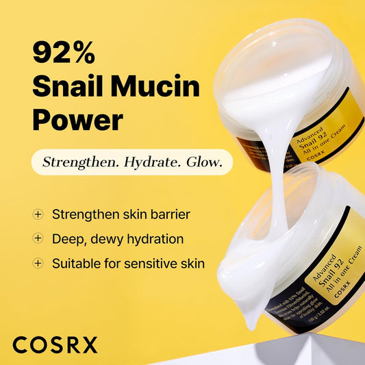 Advanced Snail 92 All in One Cream Korean Snail Mucin Face Cream & Gel Moisturiser for Dry Sensitive and anti Aging Skin, Daily Soothing and Moisturising Cream, Korean Skincare 100G