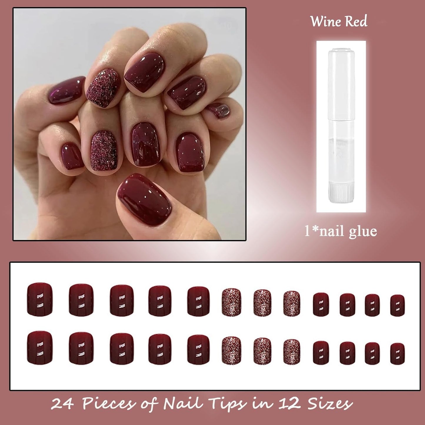 Wine Red False Nails - 24Pcs Red Glitter Square Press on Nails - Short Red False Nails with Glue - 12 Sizes Glossy Cherry Stick on Nails - French Tip for Women and Girls Nail Art