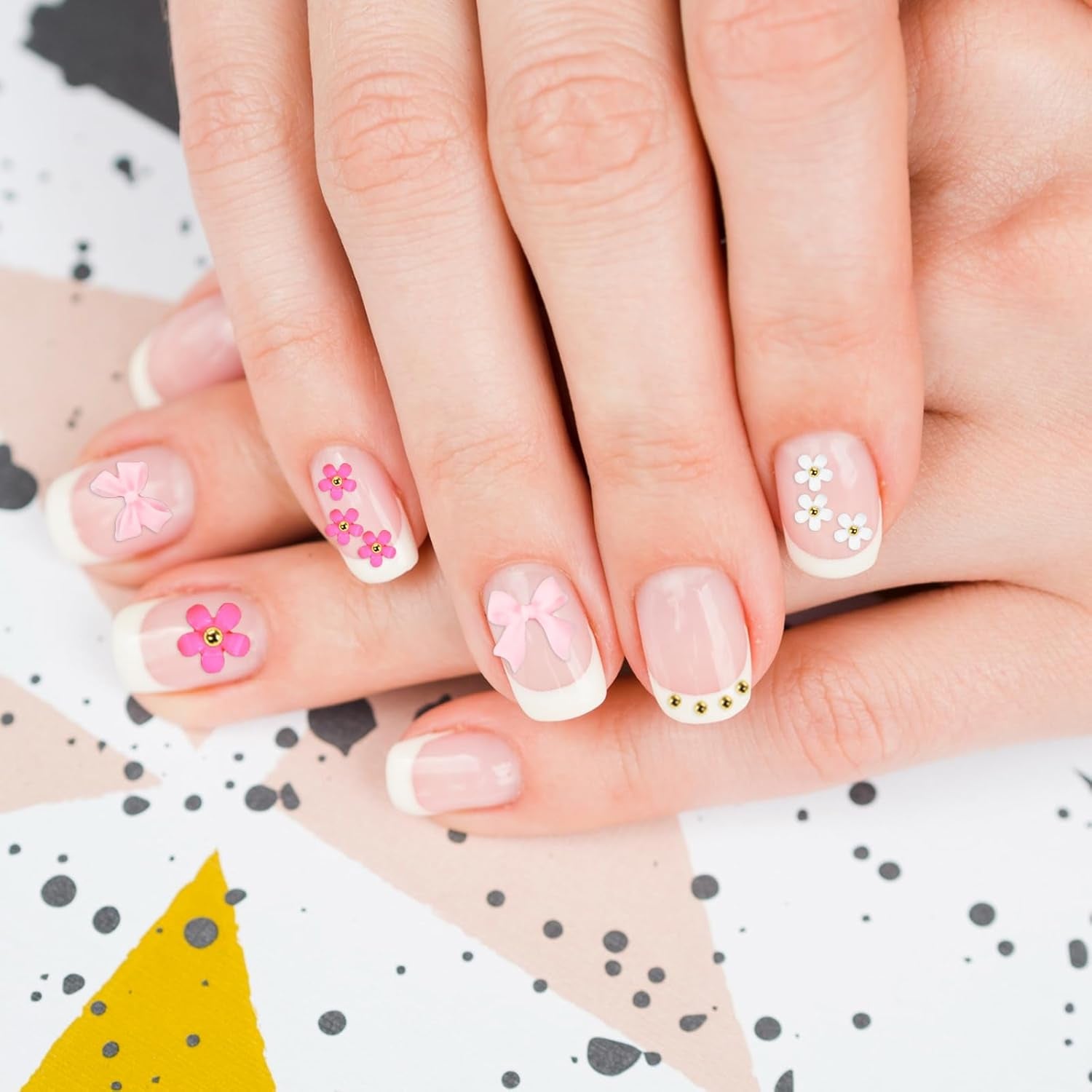 Flower Bow Manicure Kit Pink White 3D Flower Bow Half Pearls Nail Gems 3D Acrylic Flowers Bows Nail Charms for Women Girls