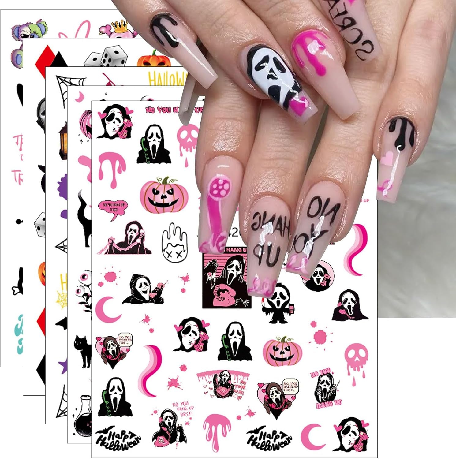 Pink Halloween Valentine'S Day Nail Stickers, 10 Sheets Self-Adhesive Nail Decal Pumpkin Ghosts Pink Nail Art Decoration Design Supplies
