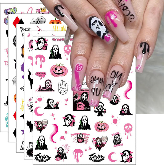 Pink Halloween Valentine'S Day Nail Stickers, 10 Sheets Self-Adhesive Nail Decal Pumpkin Ghosts Pink Nail Art Decoration Design Supplies