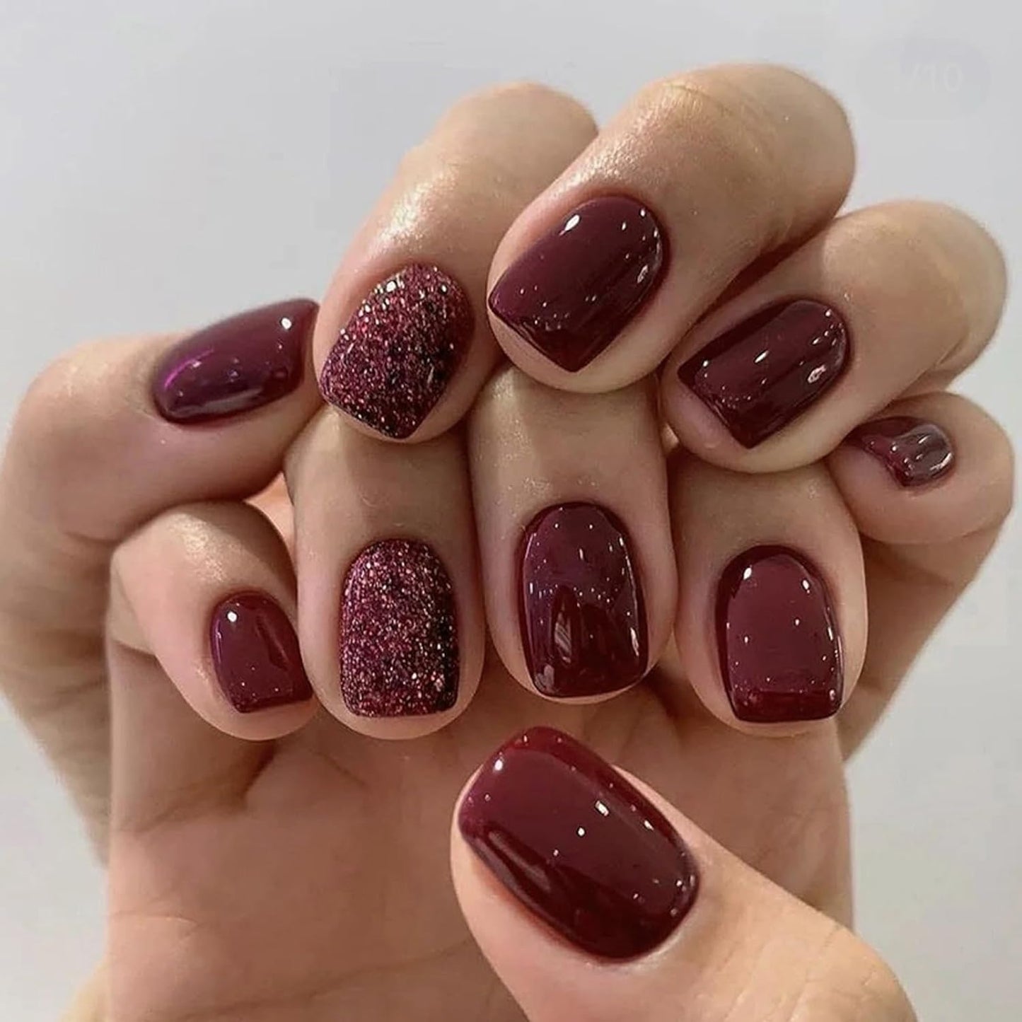 Wine Red False Nails - 24Pcs Red Glitter Square Press on Nails - Short Red False Nails with Glue - 12 Sizes Glossy Cherry Stick on Nails - French Tip for Women and Girls Nail Art