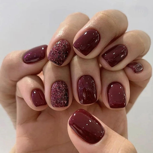 Wine Red False Nails - 24Pcs Red Glitter Square Press on Nails - Short Red False Nails with Glue - 12 Sizes Glossy Cherry Stick on Nails - French Tip for Women and Girls Nail Art