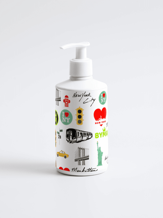 White bottle with New York-themed graphics on a white background BYMANYC Stellia Beauty