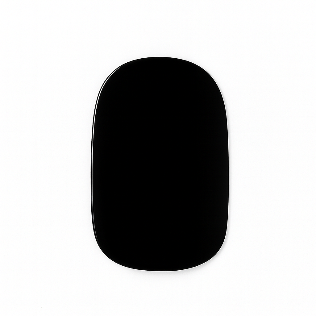 Close-up of a glossy black UV-free gel nail wrap by Stellia Beauty