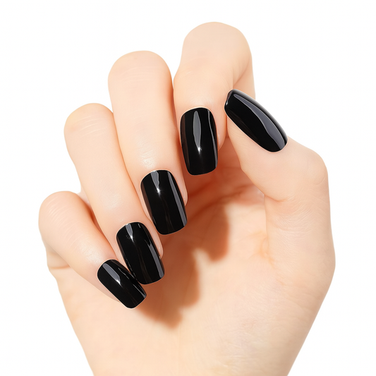Hand with black gloss gel nail wraps on a white background
