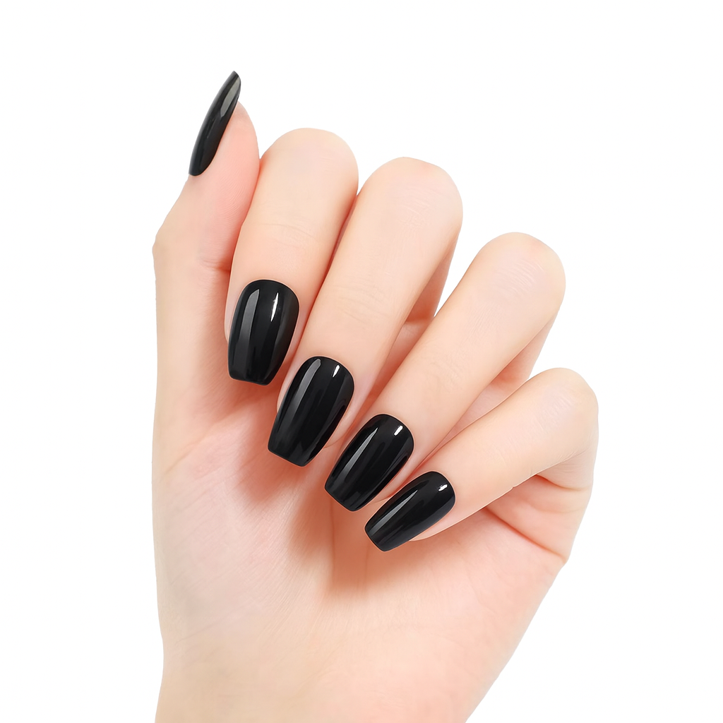 Hand showing black gloss semi cured gel nail wraps by Stellia Beauty