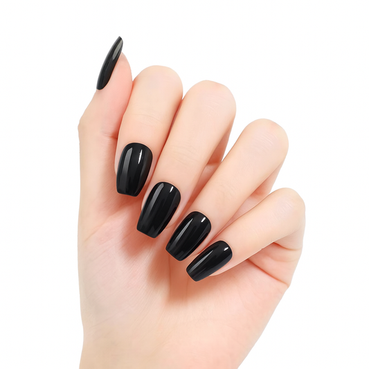 Hand showing black gloss semi cured gel nail wraps by Stellia Beauty