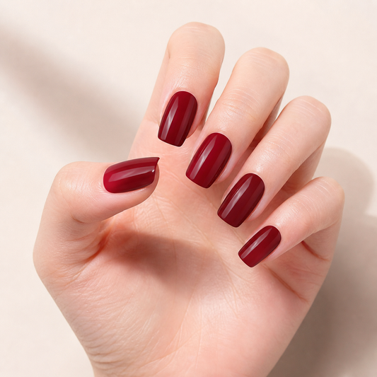 Hand wearing glossy burgundy semi-cured gel nail wraps by Stellia Beauty