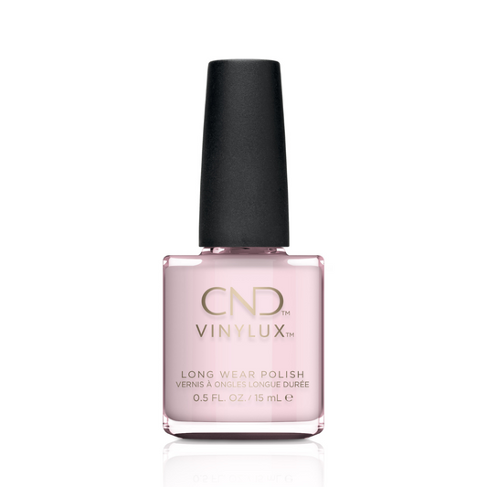 CND Vinylux nail polish bottle with pink polish and black cap on a white background by Stellia Beauty