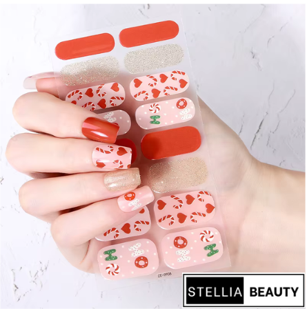 Christmas candy nail wraps in festive red and gold – Stellia Beauty