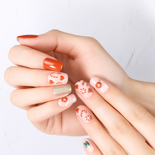 Close-up of a hand with intricately designed Christmas nail wraps on a light background by Stellia Beauty