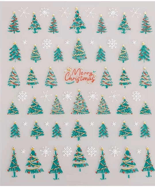 Sheet of Christmas tree and snowflake nail art stickers with various holiday tree designs and 'Merry Christmas by Stellia Beauty