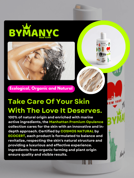 BYMANYC skincare product packaging with text and images of a woman washing her hair. Stellia Beauty