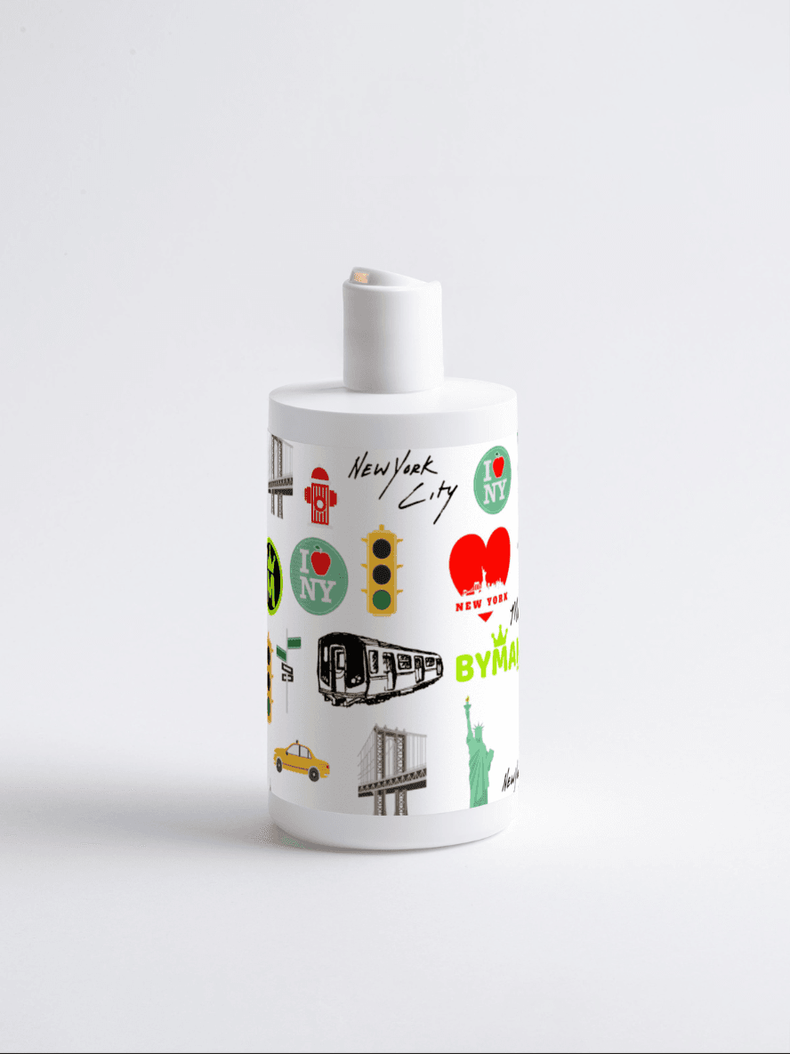 White bottle with New York City-themed decorations on a white background Cocktail Conditioner – BYMANYC ® New York | Vegan Haircare Stellia Beauty