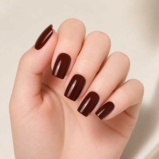 Hand wearing glossy coffee brown semi-cured gel nail wraps by Stellia Beauty