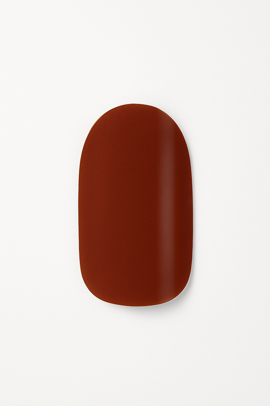 Close-up of a coffee brown semi-cured gel nail wrap by Stellia Beauty