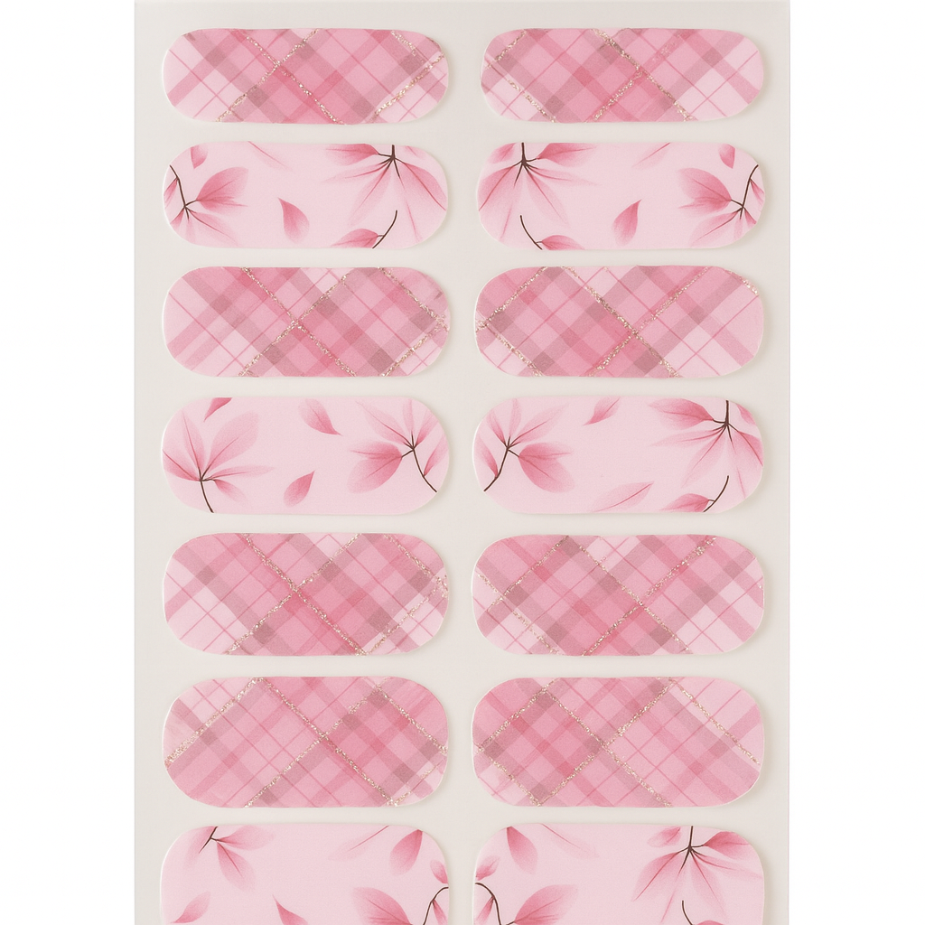 Sheet of pink plaid and floral patterned nail wraps on a white background by Stellia Beauty