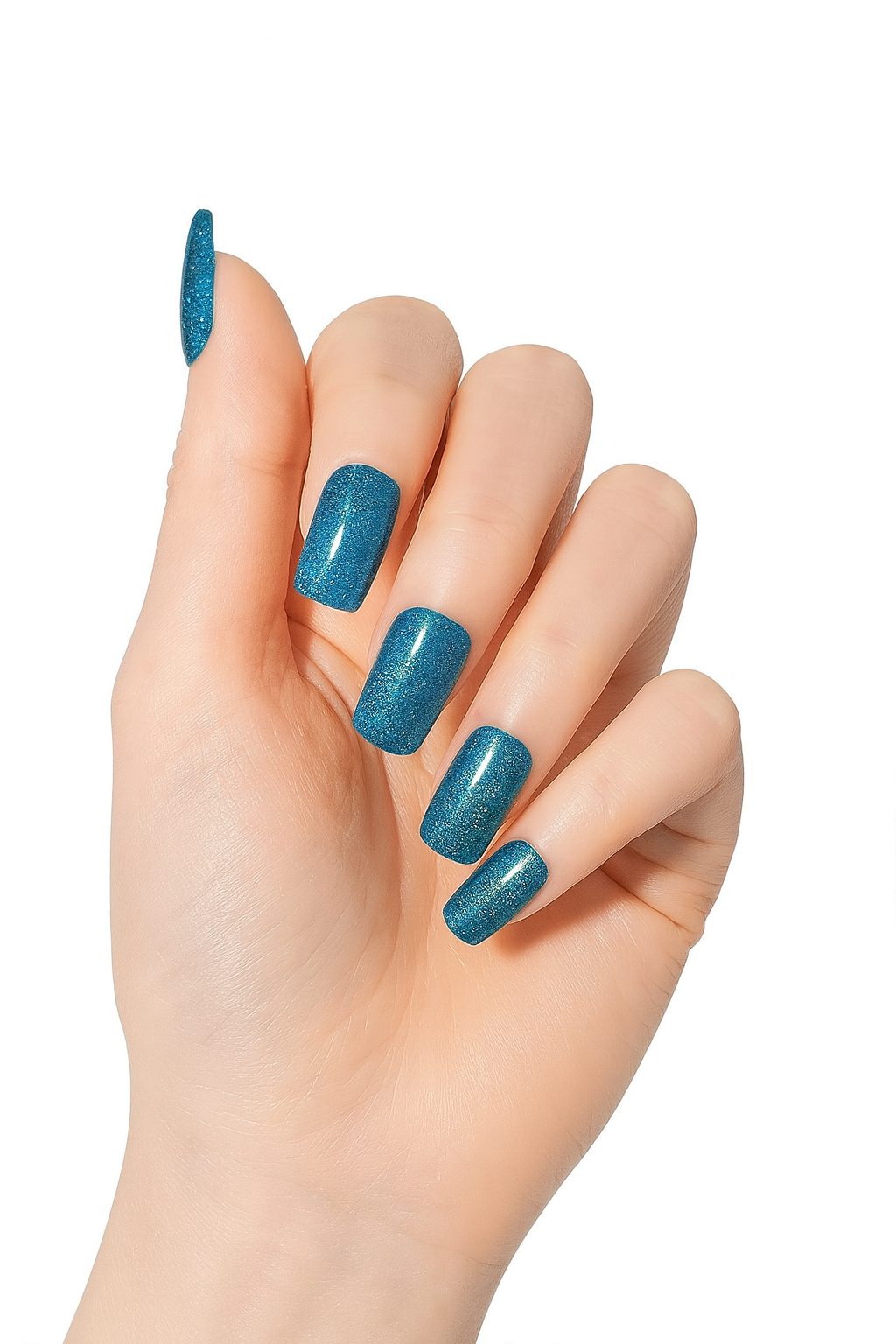 Hand showing teal glitter nail wraps