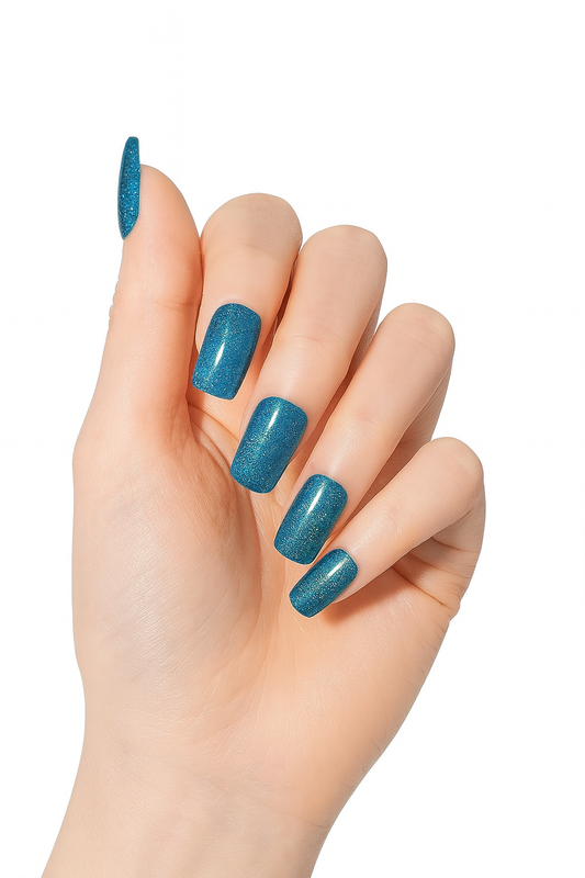 Hand showing teal glitter nail wraps