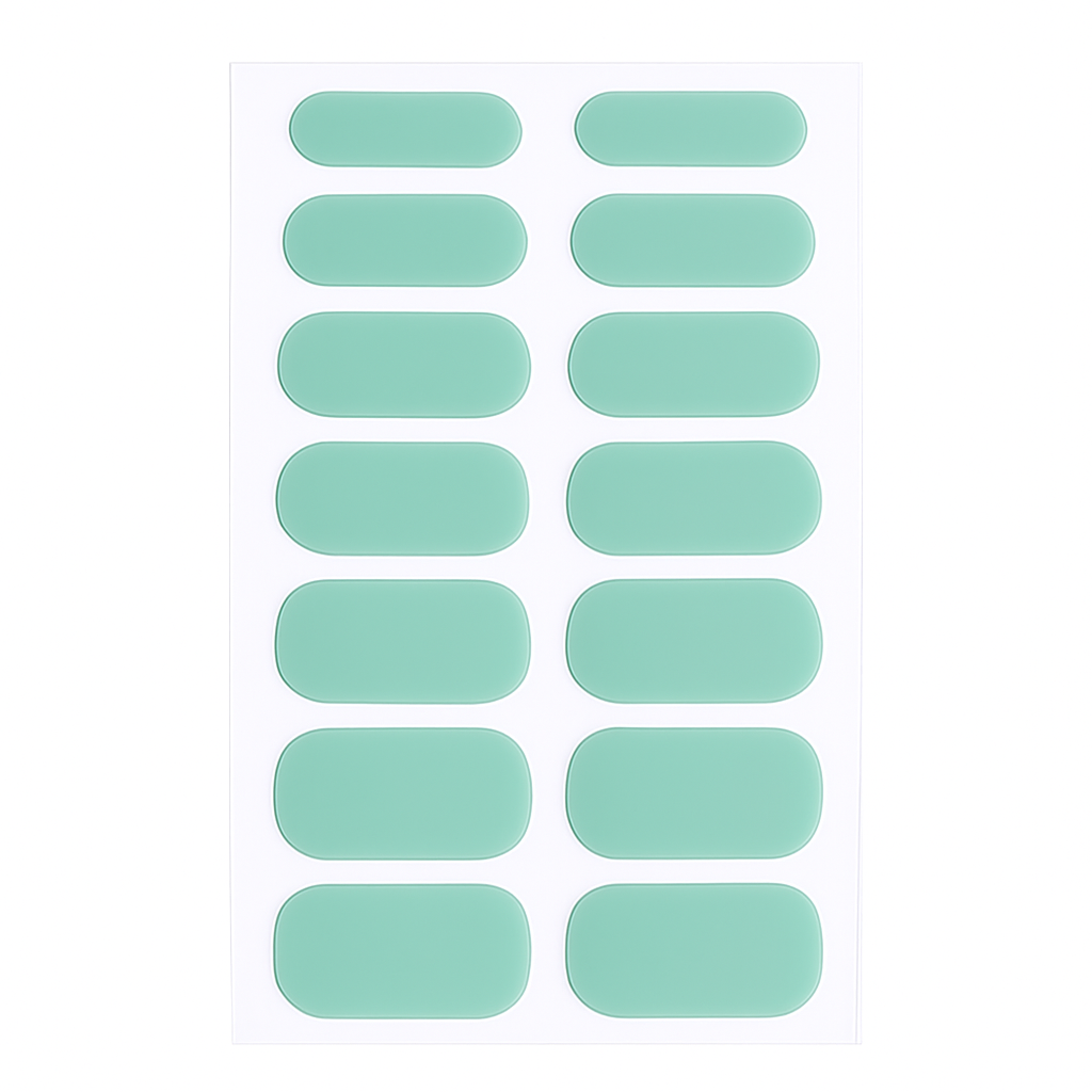 Sheet of green semi cured gel nail wraps on a white background by Stellia Beauty