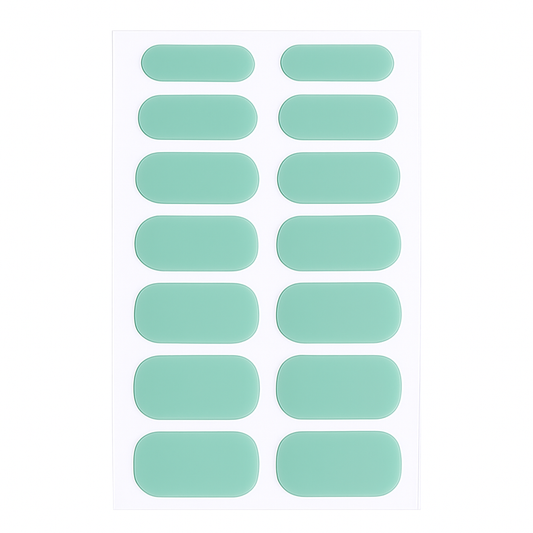 Sheet of green semi cured gel nail wraps on a white background by Stellia Beauty