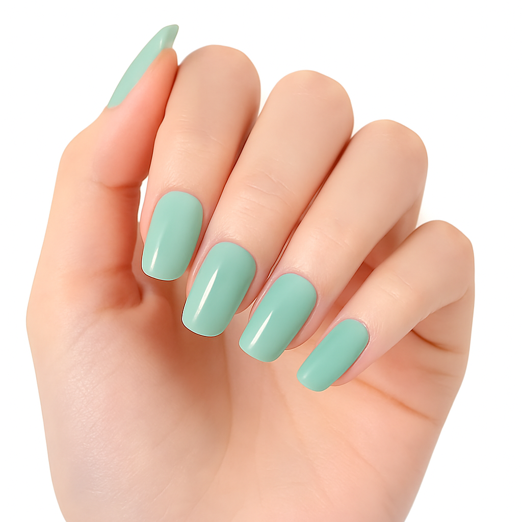Hand with Green semi cured gel nail wraps on a white background by Stellia Beauty