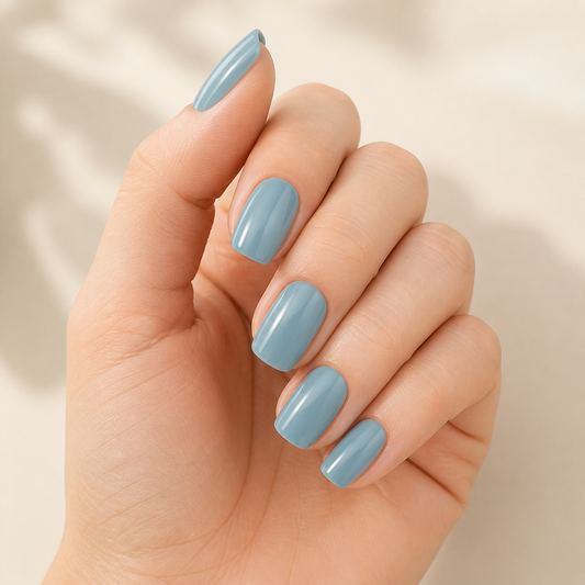 Hand wearing glossy grey-blue semi-cured gel nail wraps by Stellia Beauty