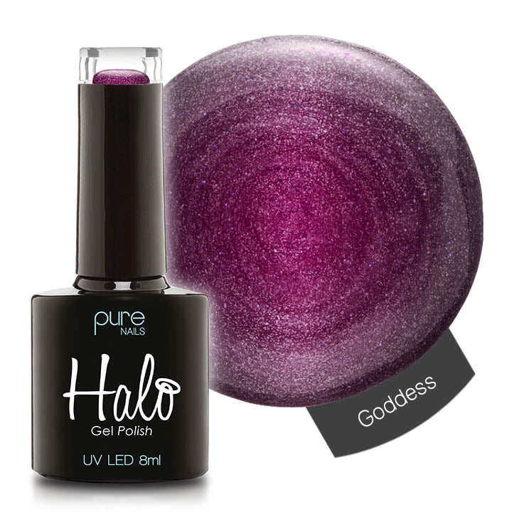 Purple gel polish bottle with a swatch labeled 'Goddess' on a white background by Stellia Beauty