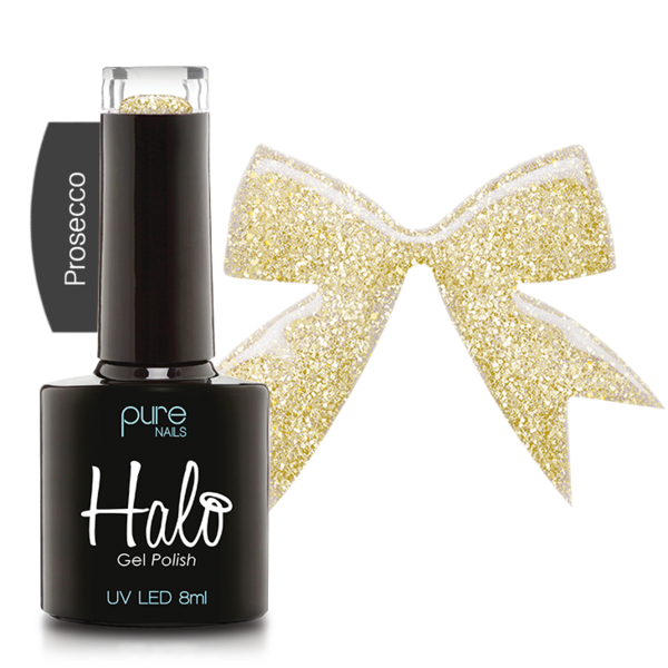 Pure Nails Halo Gel Polish bottle with a gold glitter bow in the background by Stellia Beauty